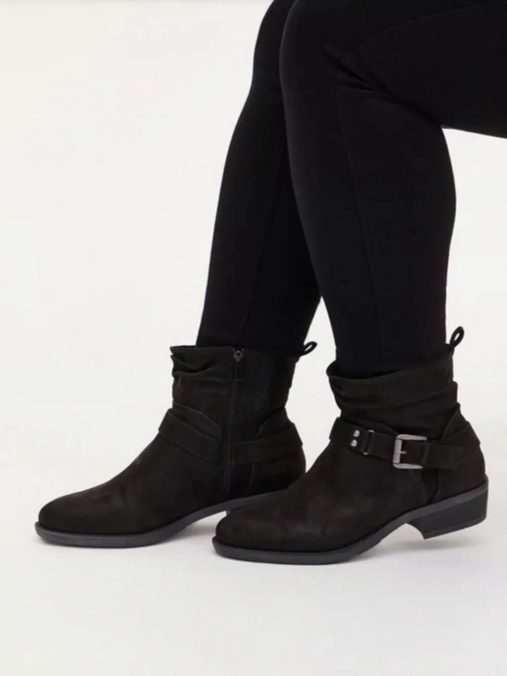 Torrid Bootie Boots 9 WW Wide Black Moto Slouchy Ankle Buckle Zip Heel Shoes NIB